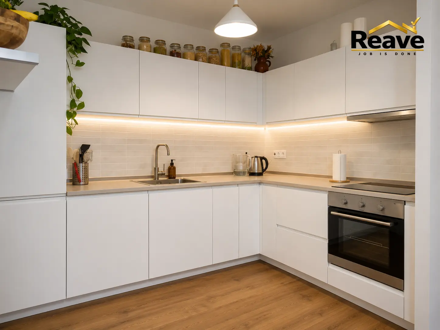 White handleless kitchen with beige tiled splashback and warm under-cabinet lighting