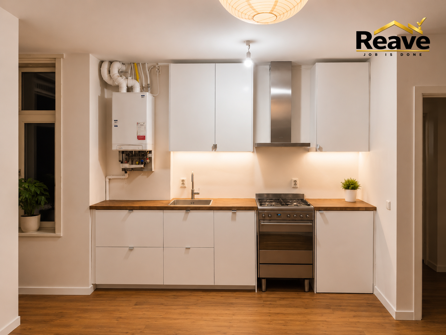 White kitchen with oak worktop and stainless steel range cooker