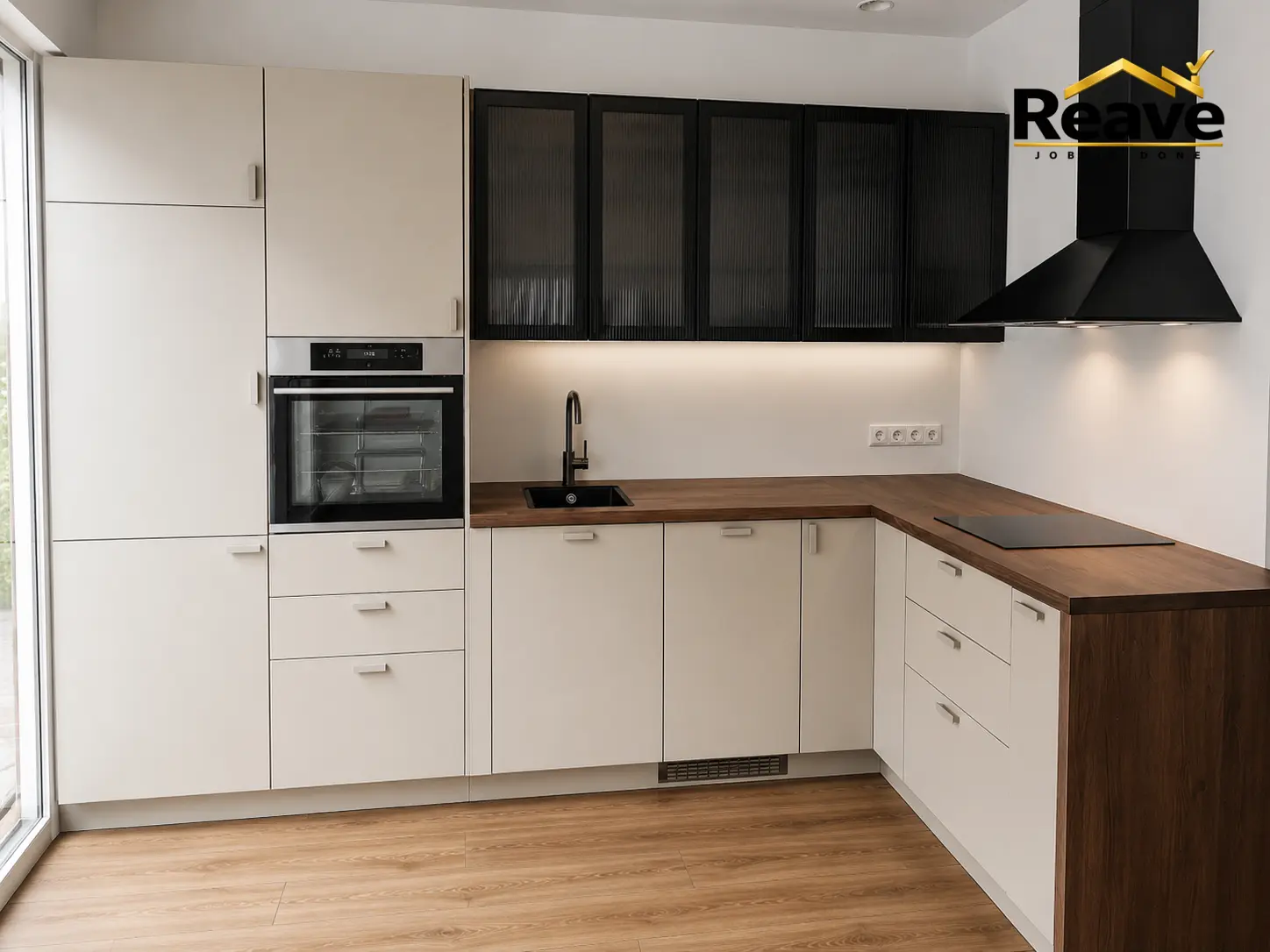 Cream handleless kitchen with black fluted glass wall units and walnut worktop