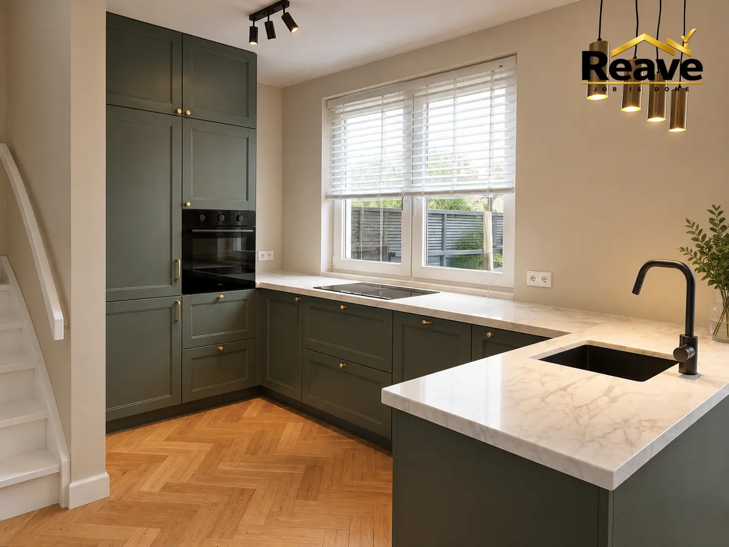 Green shaker kitchen with marble worktop and herringbone parquet floor