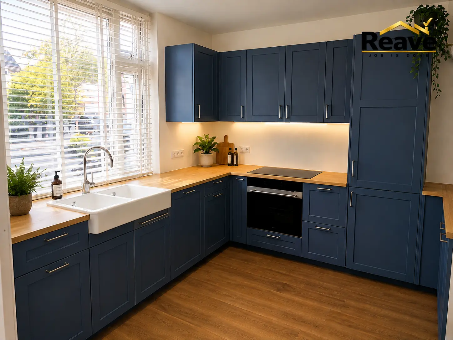Navy blue shaker kitchen with solid oak worktop and butler sink