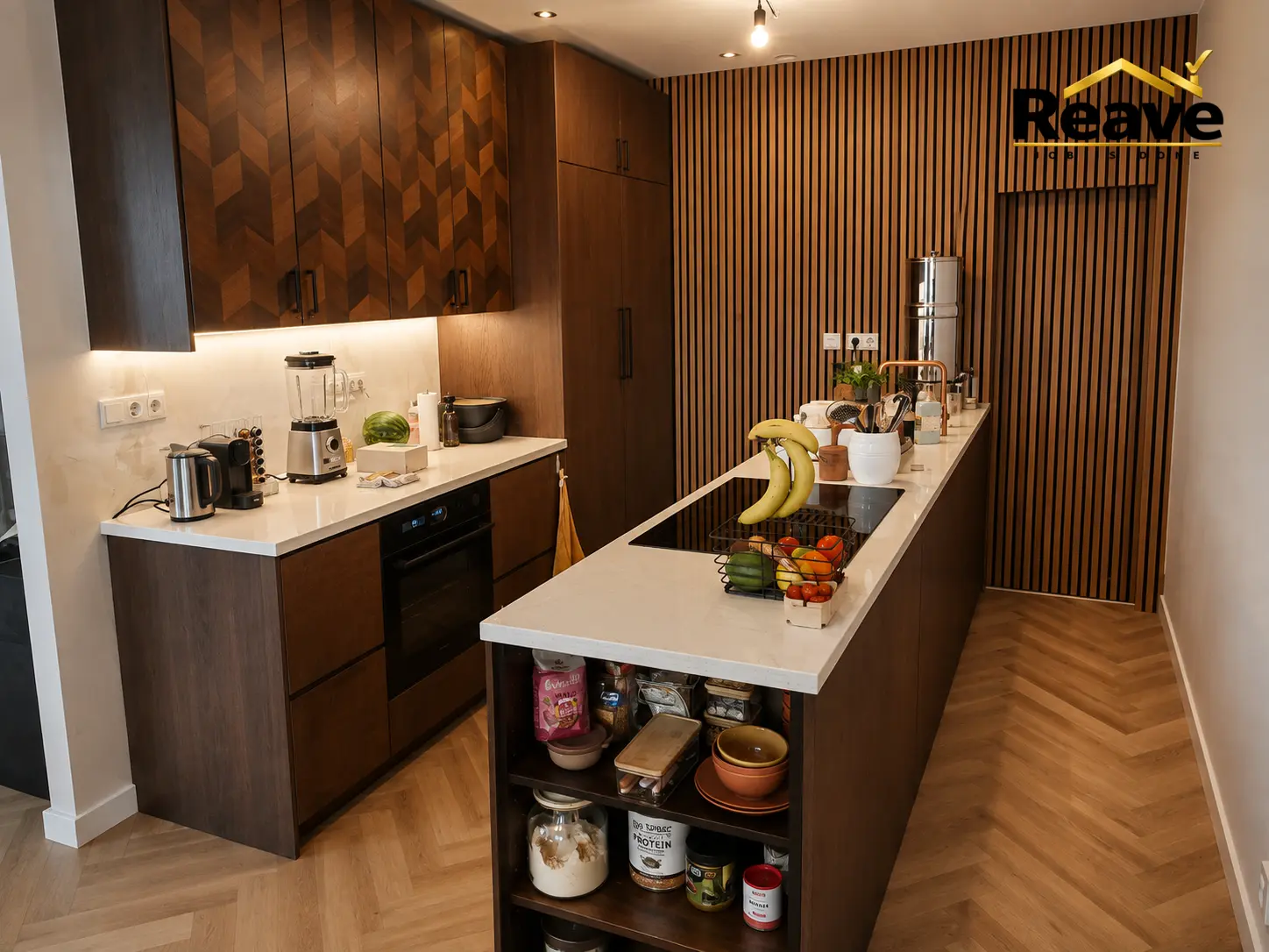 Dark walnut kitchen with patterned wall units, slatted wood wall and herringbone floor