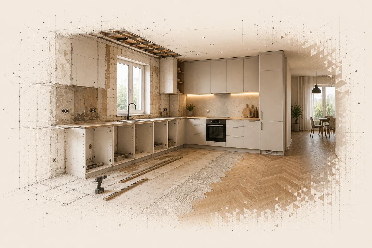 Kitchen renovation in progress — unfinished cabinetry blending into a finished kitchen with architectural construction lines